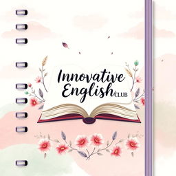 An aesthetic notebook cover design for 'Innovative English Club', featuring a harmonious blend of gentle pastel colors like blush pink, soft mint green, and light lavender