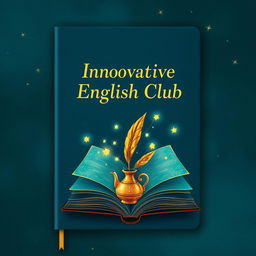 An enchanting notebook cover design for 'Innovative English Club', featuring a rich, textured background of deep navy blue and emerald green hues, evoking a serene night sky