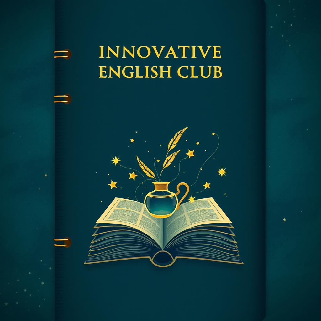 An enchanting notebook cover design for 'Innovative English Club', featuring a rich, textured background of deep navy blue and emerald green hues, evoking a serene night sky