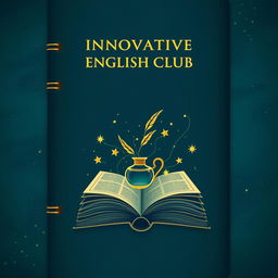 An enchanting notebook cover design for 'Innovative English Club', featuring a rich, textured background of deep navy blue and emerald green hues, evoking a serene night sky