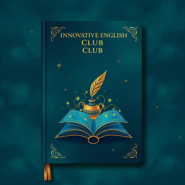 An enchanting notebook cover design for 'Innovative English Club', featuring a rich, textured background of deep navy blue and emerald green hues, evoking a serene night sky