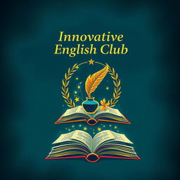 An enchanting notebook cover design for 'Innovative English Club', featuring a rich, textured background of deep navy blue and emerald green hues, evoking a serene night sky