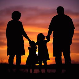 A captivating silhouette of a grandmother and grandfather holding a little girl's hands, all viewed from behind