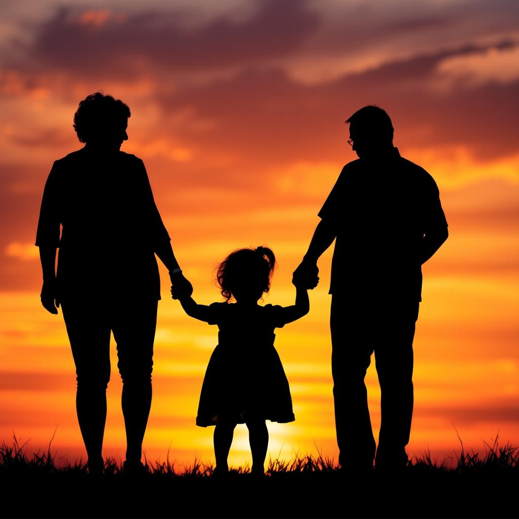 A captivating silhouette of a grandmother and grandfather holding a little girl's hands, all viewed from behind