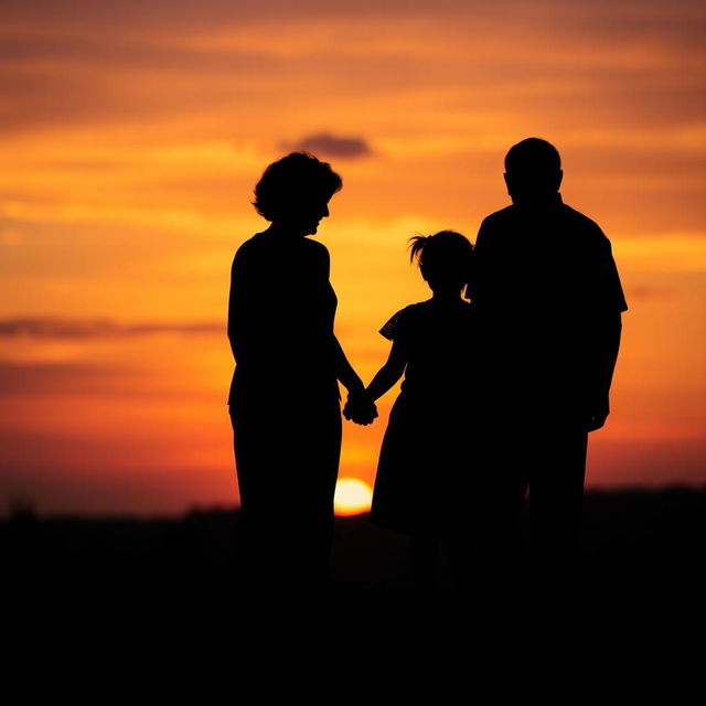 A captivating silhouette of a grandmother and grandfather holding a little girl's hands, all viewed from behind