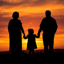 A captivating silhouette of a grandmother and grandfather holding a little girl's hands, all viewed from behind