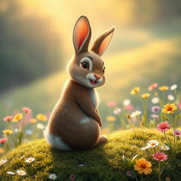 Rosie, the charming little rabbit, sits at the edge of Mossy Meadow, glancing back with a warm and joyful smile on her face