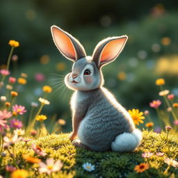Rosie, the charming little rabbit, sits at the edge of Mossy Meadow, glancing back with a warm and joyful smile on her face