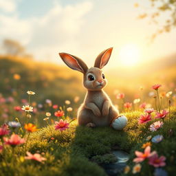 Rosie, the charming little rabbit, sits at the edge of Mossy Meadow, glancing back with a warm and joyful smile on her face