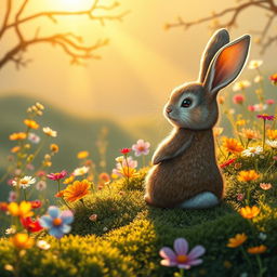 Rosie, the charming little rabbit, sits at the edge of Mossy Meadow, glancing back with a warm and joyful smile on her face