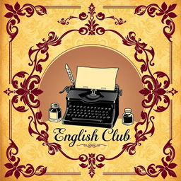 A vintage-style notebook cover design for 'Innovative English Club' featuring an aged parchment background with intricate damask patterns in muted gold and deep burgundy