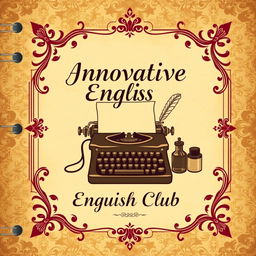 A vintage-style notebook cover design for 'Innovative English Club' featuring an aged parchment background with intricate damask patterns in muted gold and deep burgundy