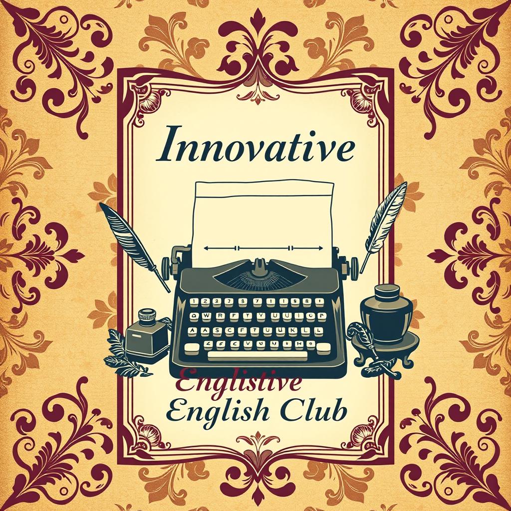 A vintage-style notebook cover design for 'Innovative English Club' featuring an aged parchment background with intricate damask patterns in muted gold and deep burgundy