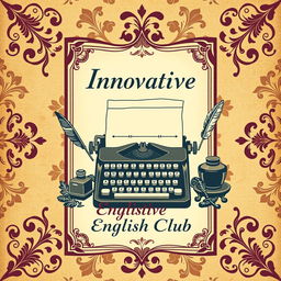 A vintage-style notebook cover design for 'Innovative English Club' featuring an aged parchment background with intricate damask patterns in muted gold and deep burgundy