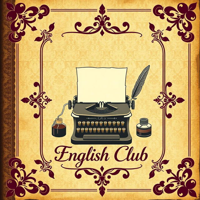 A vintage-style notebook cover design for 'Innovative English Club' featuring an aged parchment background with intricate damask patterns in muted gold and deep burgundy