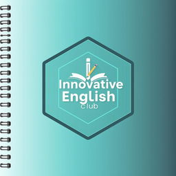 A modern and aesthetic notebook cover design for 'Innovative English Club', featuring a sleek, minimalist approach with a vibrant color palette of teal, charcoal gray, and bright white