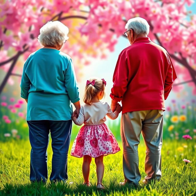 A vibrant and colorful image depicting a grandmother and grandfather holding the hands of a little girl, all seen from behind