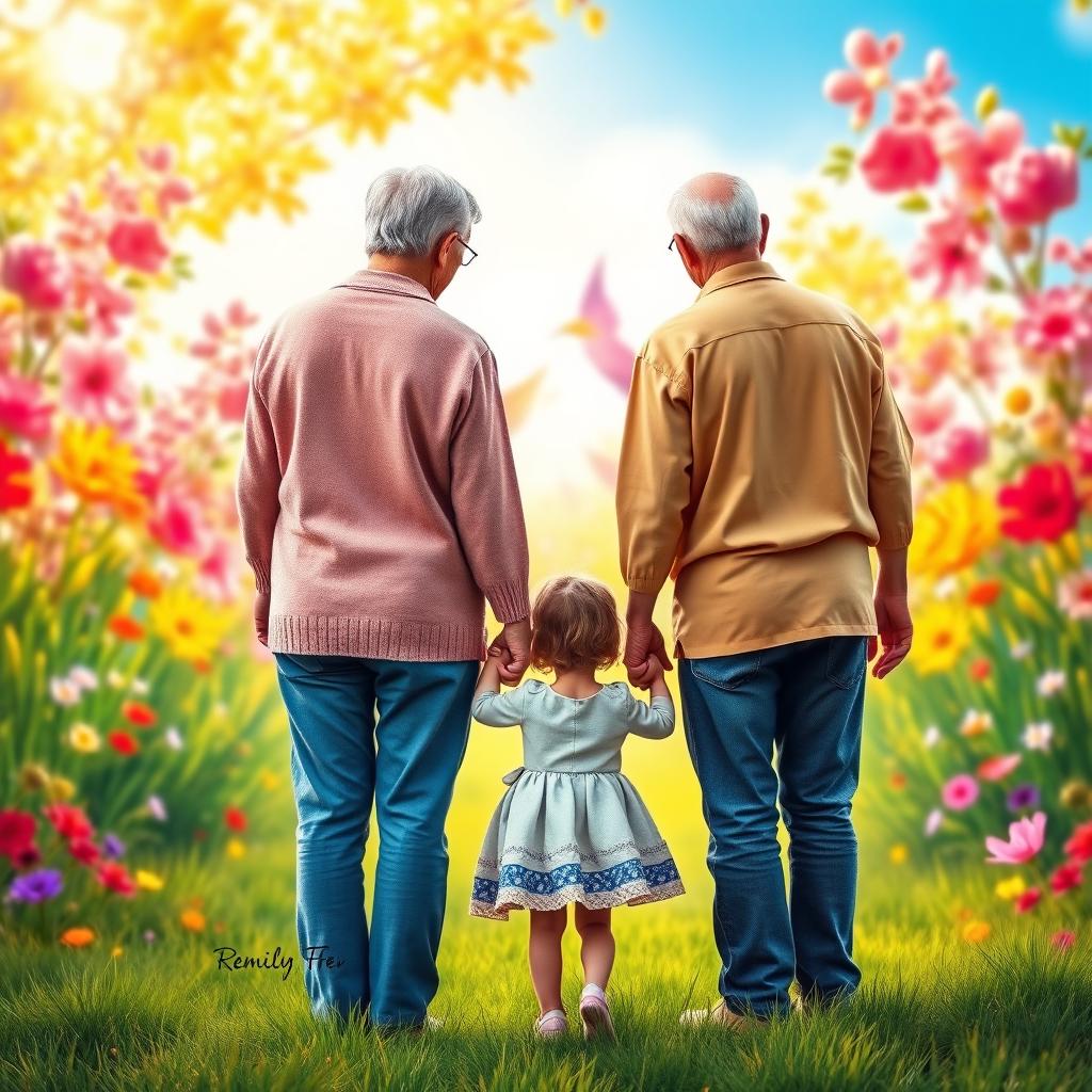 A vibrant and colorful image depicting a grandmother and grandfather holding the hands of a little girl, all seen from behind