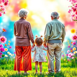 A vibrant and colorful image depicting a grandmother and grandfather holding the hands of a little girl, all seen from behind