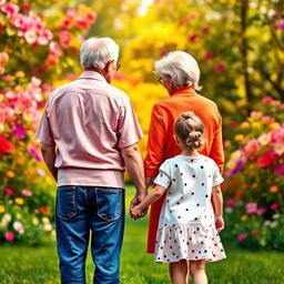 A vibrant and colorful image depicting a grandmother and grandfather holding the hands of a little girl, all seen from behind