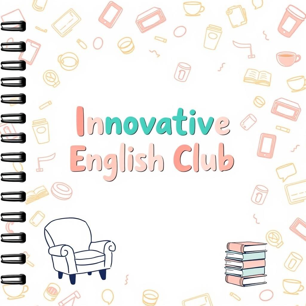 A casual and approachable notebook cover design for 'Innovative English Club', featuring a playful layout with a soft pastel color palette of light coral, mint green, and sunny yellow