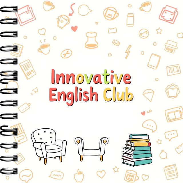 A casual and approachable notebook cover design for 'Innovative English Club', featuring a playful layout with a soft pastel color palette of light coral, mint green, and sunny yellow