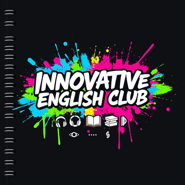 A cool and edgy notebook cover design for 'Innovative English Club', featuring a dark, urban background with a graffiti-inspired mural of vibrant colors like electric blue, neon green, and hot pink