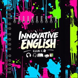 A cool and edgy notebook cover design for 'Innovative English Club', featuring a dark, urban background with a graffiti-inspired mural of vibrant colors like electric blue, neon green, and hot pink