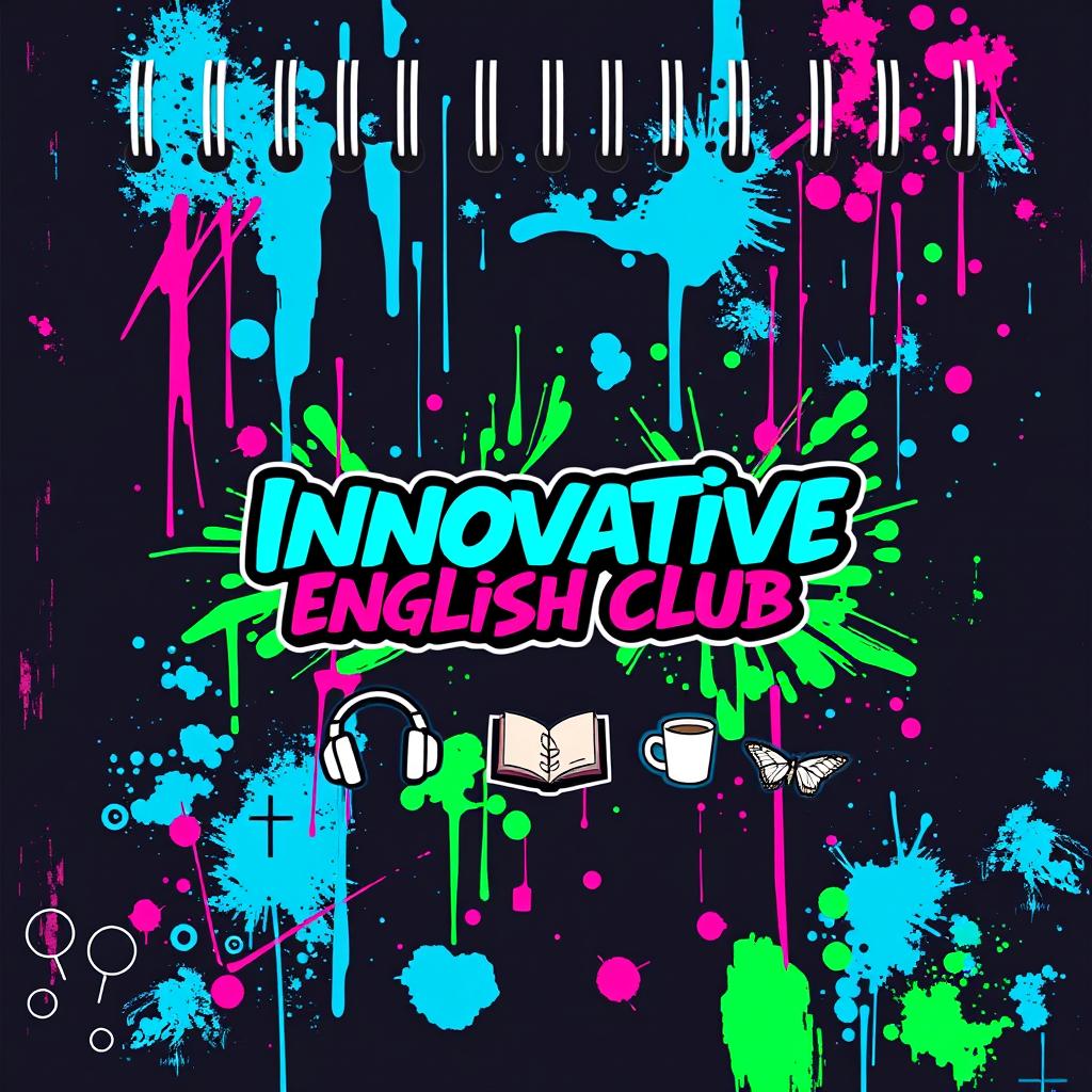 A cool and edgy notebook cover design for 'Innovative English Club', featuring a dark, urban background with a graffiti-inspired mural of vibrant colors like electric blue, neon green, and hot pink