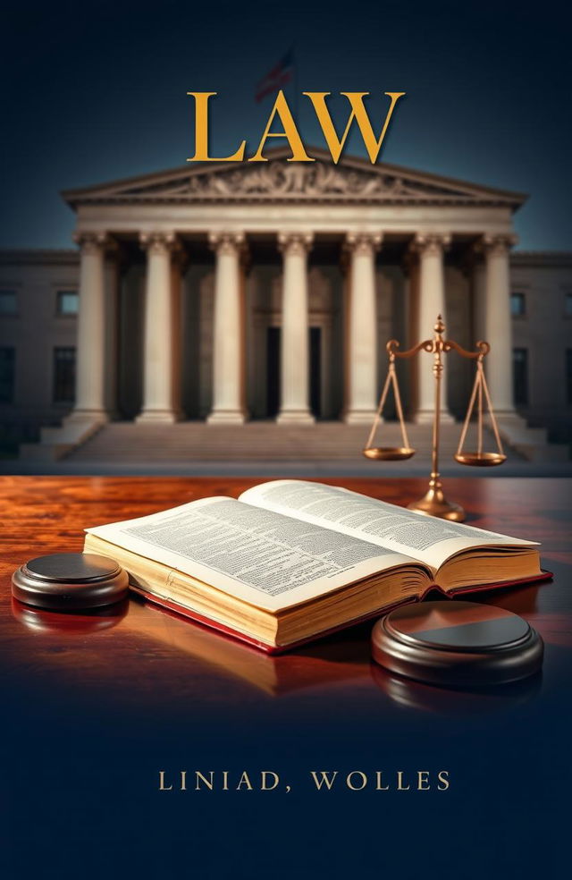 A striking law book cover design featuring a polished wooden desk with a classic law book open, its pages slightly yellowed, surrounded by a vintage gavel and scales of justice