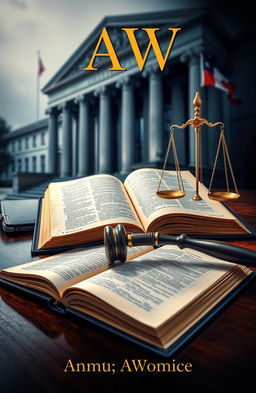 A striking law book cover design featuring a polished wooden desk with a classic law book open, its pages slightly yellowed, surrounded by a vintage gavel and scales of justice