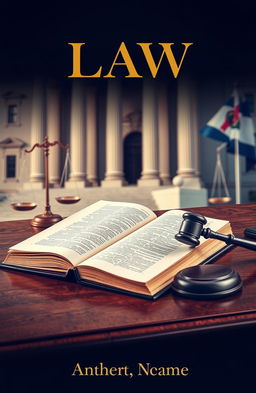 A striking law book cover design featuring a polished wooden desk with a classic law book open, its pages slightly yellowed, surrounded by a vintage gavel and scales of justice