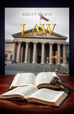 A striking law book cover design featuring a polished wooden desk with a classic law book open, its pages slightly yellowed, surrounded by a vintage gavel and scales of justice