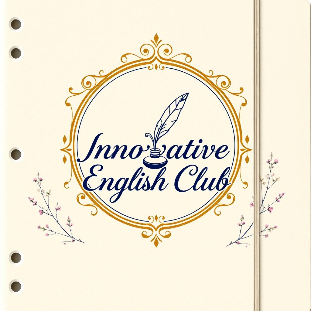 An elegant and artistic notebook cover design for 'Innovative English Club', blending classic and modern aesthetics