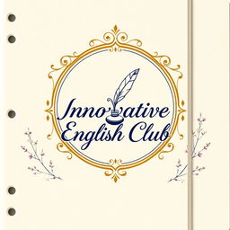 An elegant and artistic notebook cover design for 'Innovative English Club', blending classic and modern aesthetics