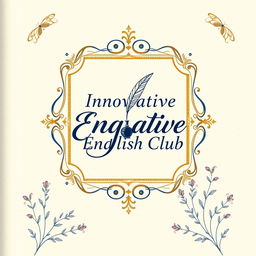 An elegant and artistic notebook cover design for 'Innovative English Club', blending classic and modern aesthetics