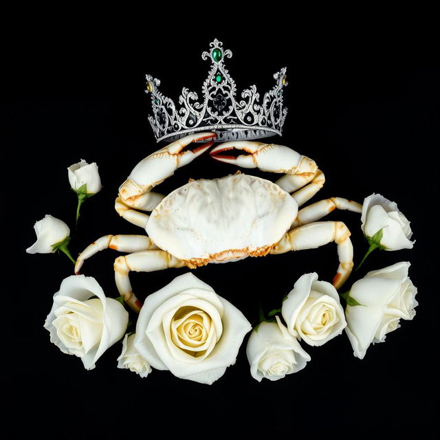 A striking composition featuring a white crab resting on a solid black background