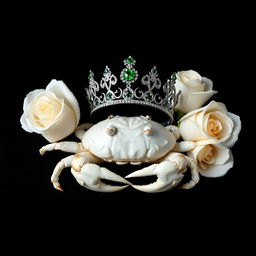 A striking composition featuring a white crab resting on a solid black background
