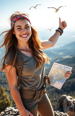A spirited young woman with a broad smile, wearing rugged outdoor gear, standing triumphantly on a mountain peak with a breathtaking view of valleys and forests in the background
