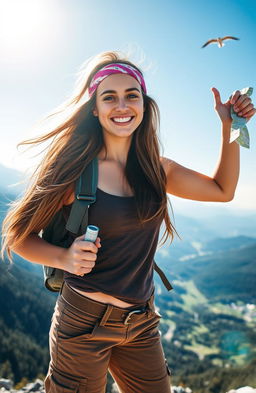 A spirited young woman with a broad smile, wearing rugged outdoor gear, standing triumphantly on a mountain peak with a breathtaking view of valleys and forests in the background