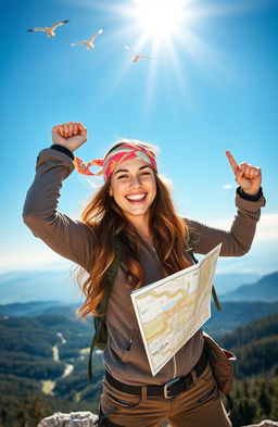 A spirited young woman with a broad smile, wearing rugged outdoor gear, standing triumphantly on a mountain peak with a breathtaking view of valleys and forests in the background