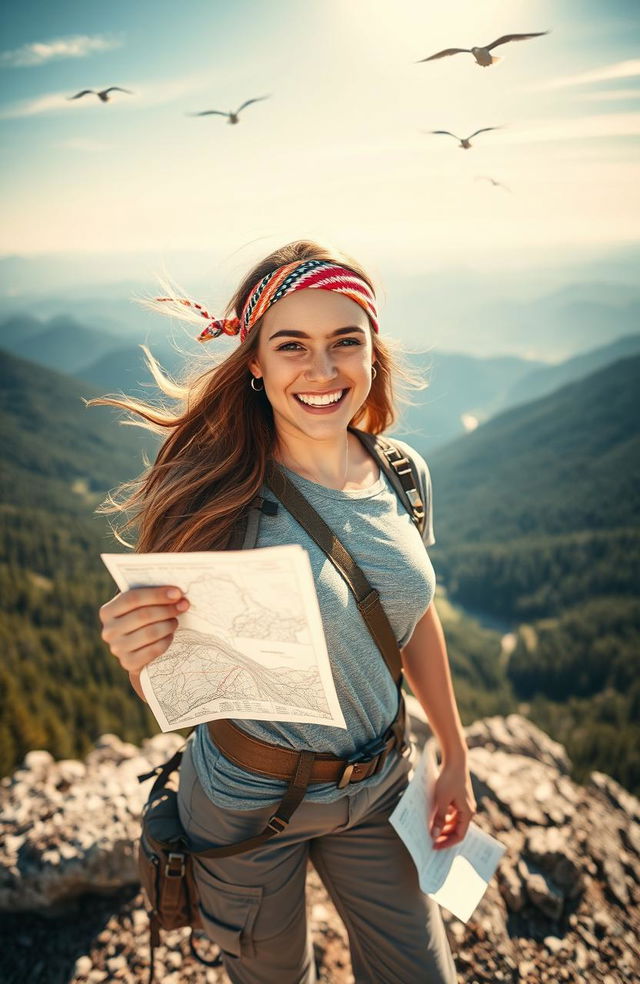 A spirited young woman with a broad smile, wearing rugged outdoor gear, standing triumphantly on a mountain peak with a breathtaking view of valleys and forests in the background