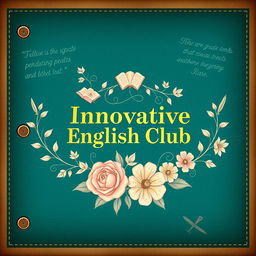 An elegant and artistic notebook cover design for 'Innovative English Club', combining vintage and modern aesthetics