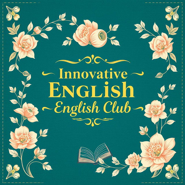 An elegant and artistic notebook cover design for 'Innovative English Club', combining vintage and modern aesthetics