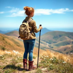 A simple, adventurous girl dressed in casual outdoor attire—jeans, a rugged jacket, and sturdy hiking boots—standing on a high mountain trail with her back to the viewer