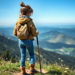 A simple, adventurous girl dressed in casual outdoor attire—jeans, a rugged jacket, and sturdy hiking boots—standing on a high mountain trail with her back to the viewer