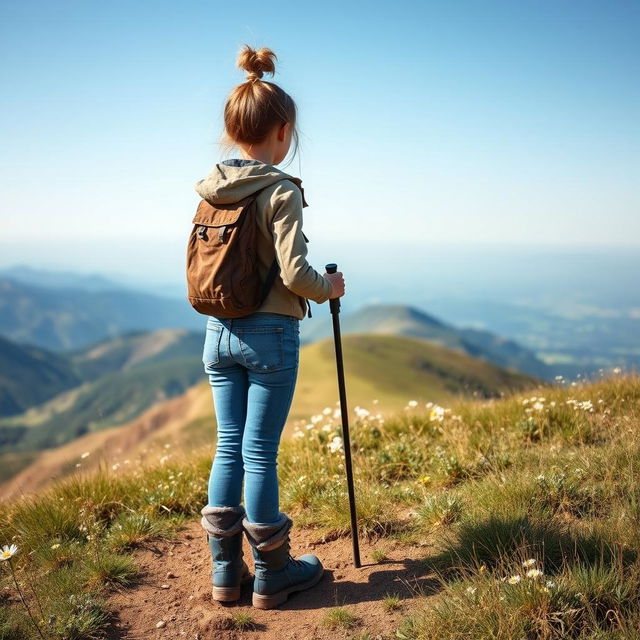 A simple, adventurous girl dressed in casual outdoor attire—jeans, a rugged jacket, and sturdy hiking boots—standing on a high mountain trail with her back to the viewer