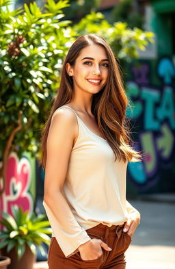 A stunningly beautiful young woman named Lisa with long brown hair, wearing a chic and stylish outfit that blends modern and classic elements