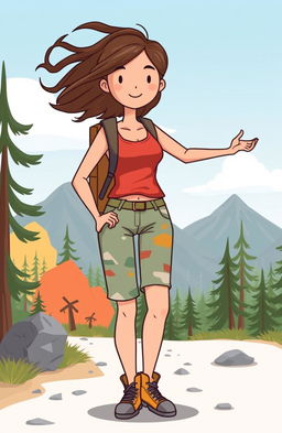 A cartoon illustration of a simple lady who loves adventures, depicted without a face