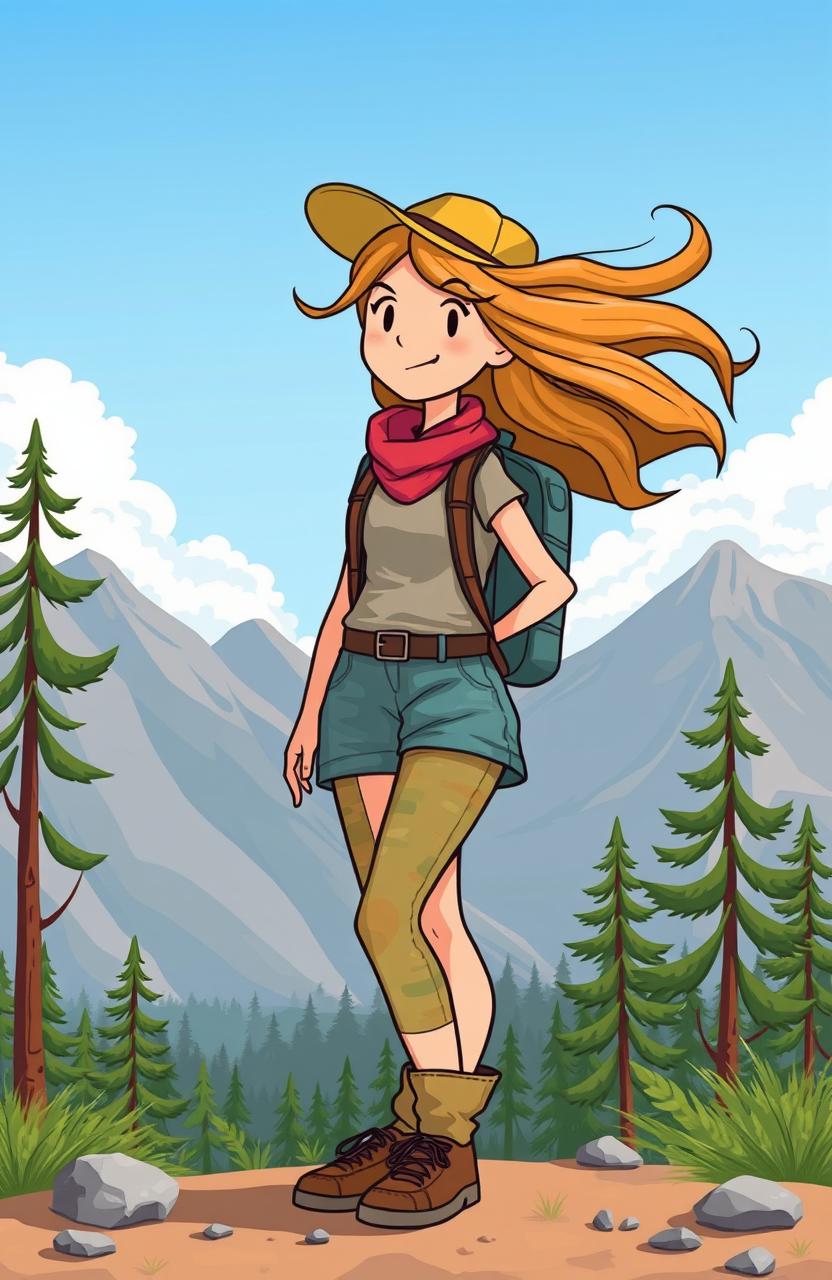 A cartoon illustration of a simple lady who loves adventures, depicted without a face